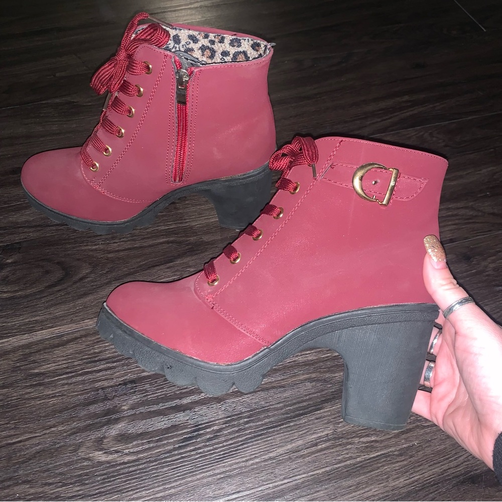 Burgundy buckle lace up bootie heels